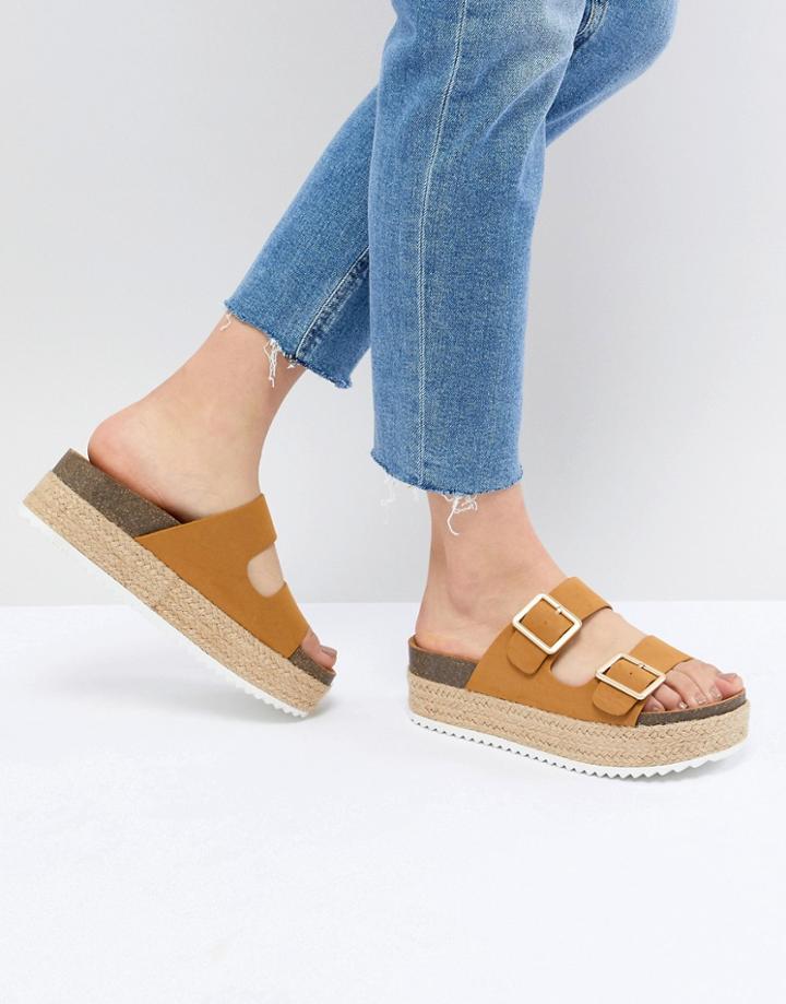 Pull & Bear Flatform Double Buckle Sandal In Tan - Black