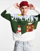 Asos Design Knitted Christmas Sweater With Snow Scene Design-blues