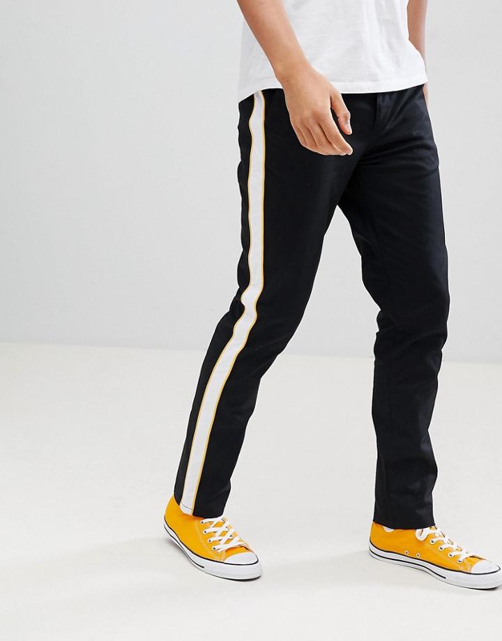 Asos Design Slim Trousers In Black With White & Yellow Side Stripe - Black
