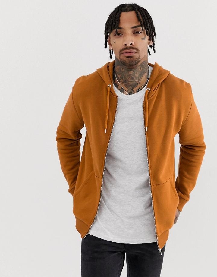 Asos Design Zip Thru Hoodie In Dark Orange - Orange