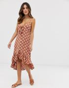 River Island Beach Midi Dress With Tie Front In Polka Dot-brown