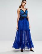 Three Floor Tiered Maxi Dress With Lace Detail - Blue