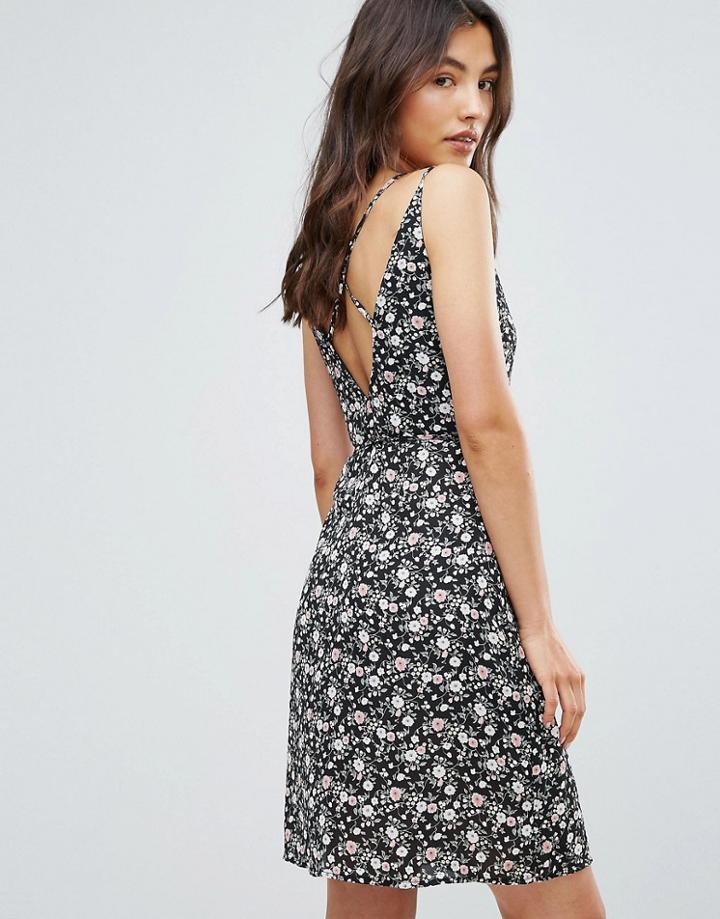 Qed London Floral Printed Cross Back Wrap Dress - Black