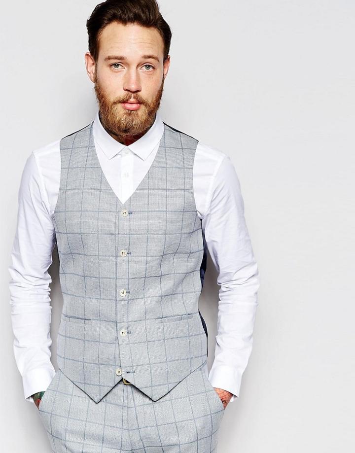 Asos Skinny Waistcoat In Light Blue Check - Blue