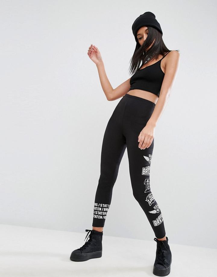 Asos Badge Print Side Stripe Leggings - Black