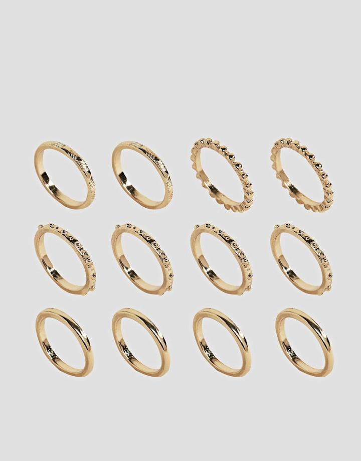 Asos Pack Of 12 Ball Detail And Engraved Rings - Gold
