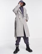 Asos Design Oversized Herringbone Overcoat In Gray-white