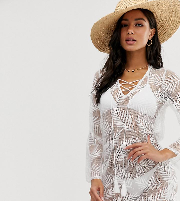 New Look Palm Print Beach Caftan In White - Blue