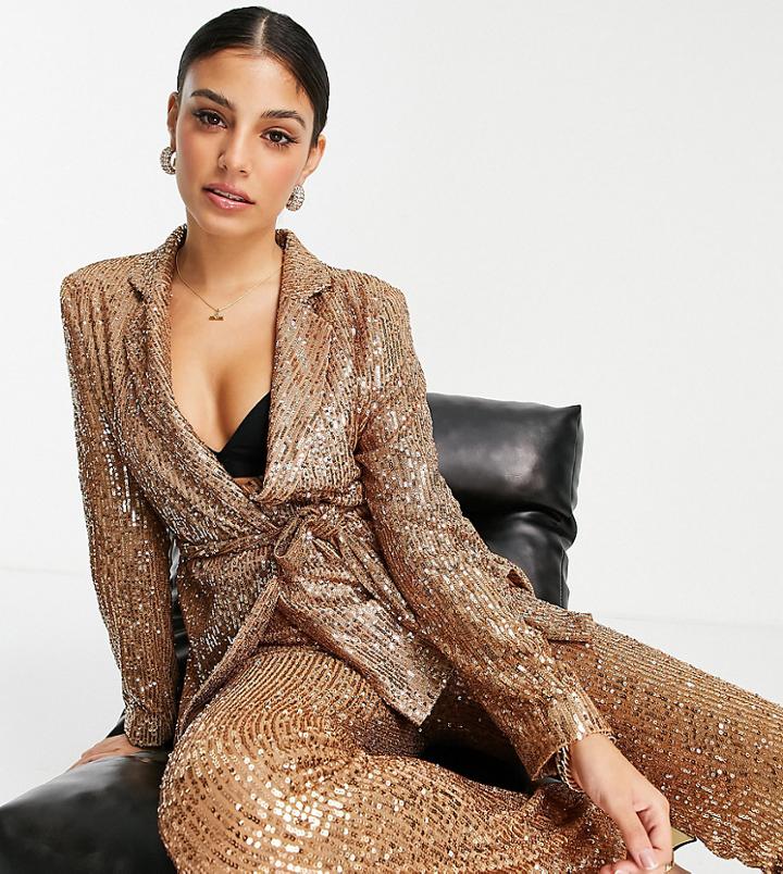 Asos Design Petite Jersey Sequin Wrap Suit Blazer In Rose Gold