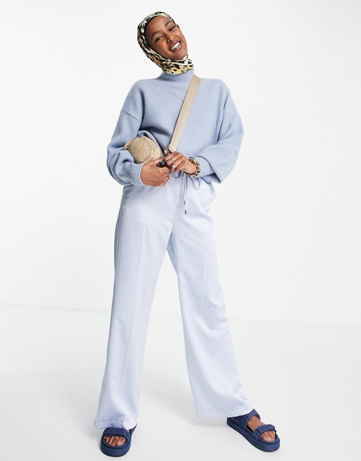 River Island Wide Leg Satin Sweat-style Pants In Blue - Part Of A Set-blues