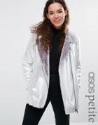 Asos Petite Longline Metallic Leather Look Biker Jacket With Faux Fur