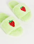 Monki Faux Fur Strawberry Slippers In Green