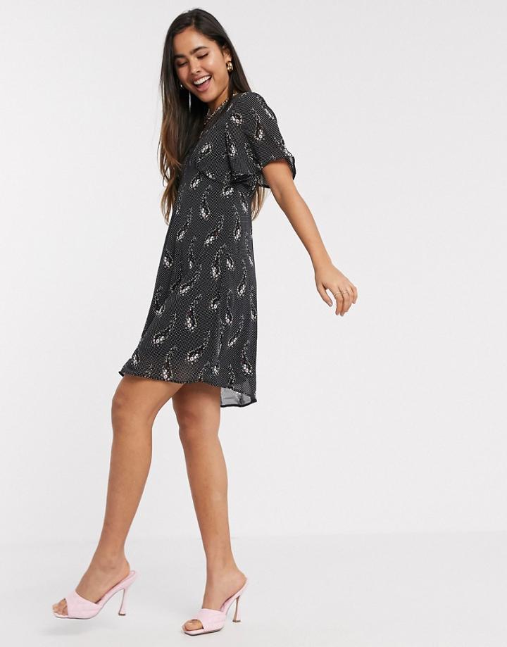 Vila Mini Tea Dress In Black Floral-multi