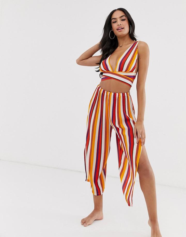Asos Design 70s Stripe Beach Cropped Pants With Splits Two-piece - Multi