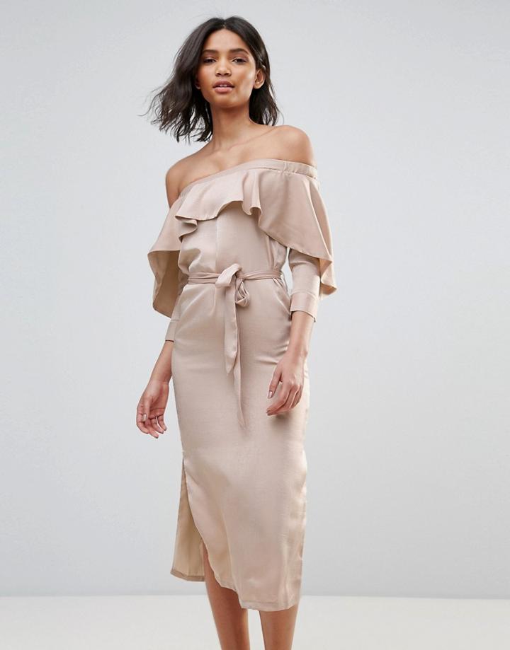 Neon Rose Satin Frill Off The Shoulder Back To Front Shirt Midi Dress - Brown