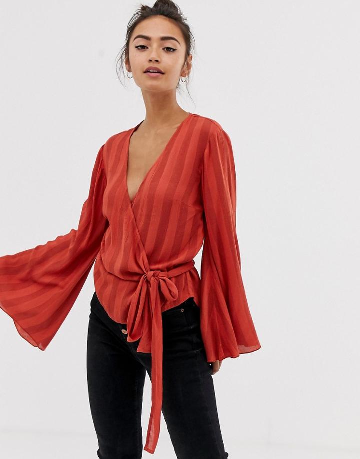 Asos Design Long Sleeve Wrap Top In Crinkle-white