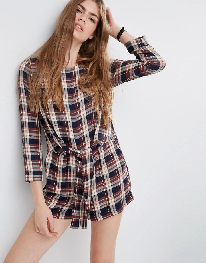 Asos Check Romper With Wrap Front Tie - Multi