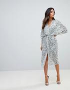 Asos Design Scatter Sequin Knot Front Kimono Midi Dress-gray