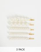 Asos Design Pack Of 5 Hair Clips In Pearl Design-gold