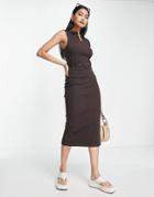 Asos Design Sleeveless Ribbed Midi Dress With Belt And Zip Detail In Chocolate Brown