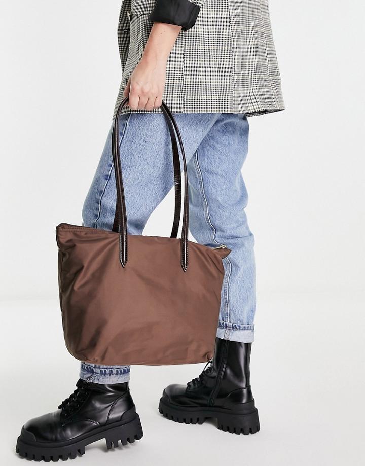 Asos Design Nylon Tote With Croc Handle In Brown - Brown