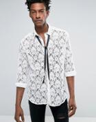 Asos Regular Fit Lace Shirt With Detachable Pussy Bow In White - White