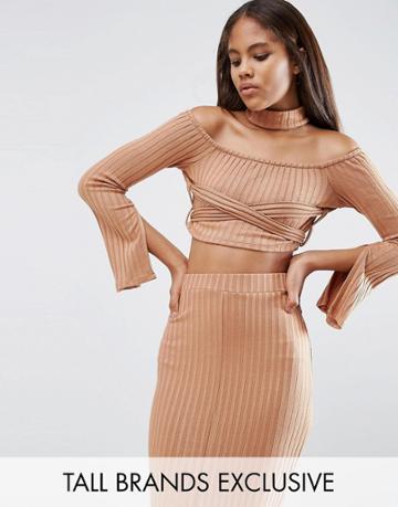 Lavish Alice Tall Bardot Long Sleeve Top With Choker Detail - Tan