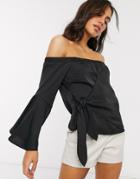 Asos Design Off Shoulder Drape Wrap Top In Satin In Black