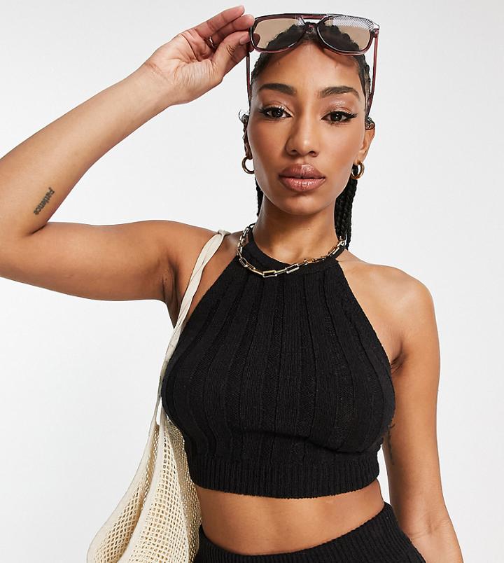 Asos Design Tall Knitted Halter Neck Top In Natural Boucle Yarn - Part Of A Set-black