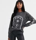 Asos Design Tall T-shirt With Long Sleeve And Solstice Print With Wash-gray