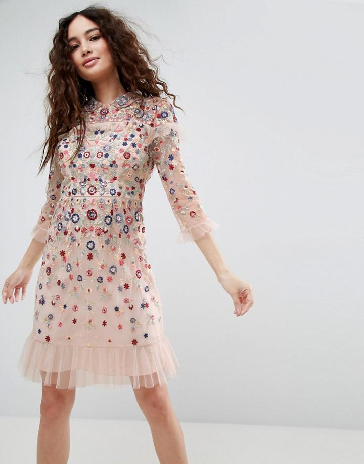 Needle & Thread Posy Embroidered Long Sleeve Dress - Pink