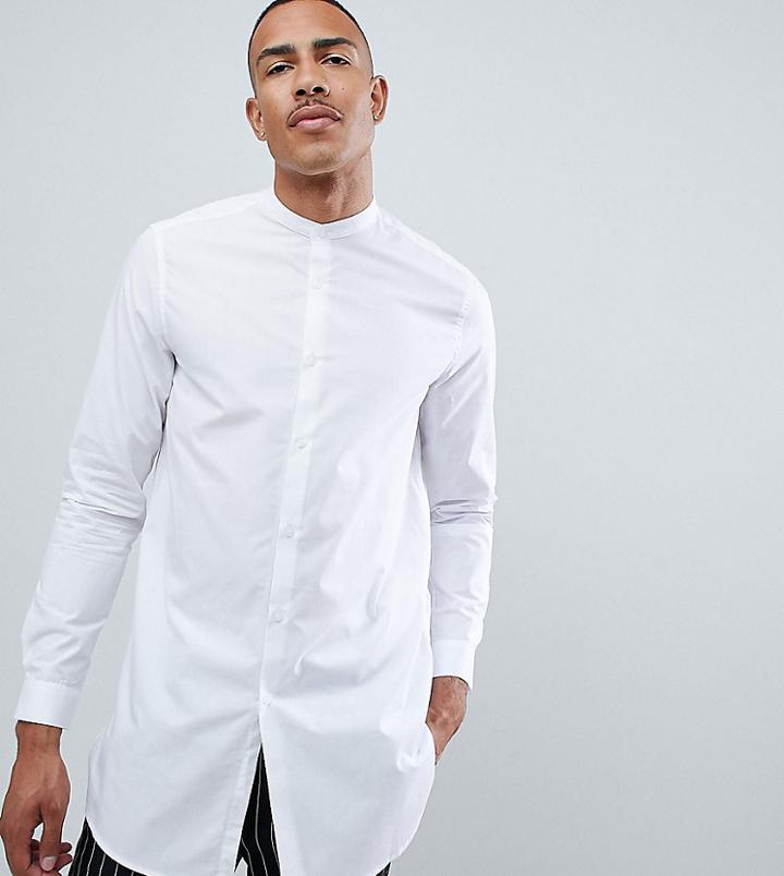Asos Design Tall Regular Fit Super Longline Shirt With Grandad Collar In White