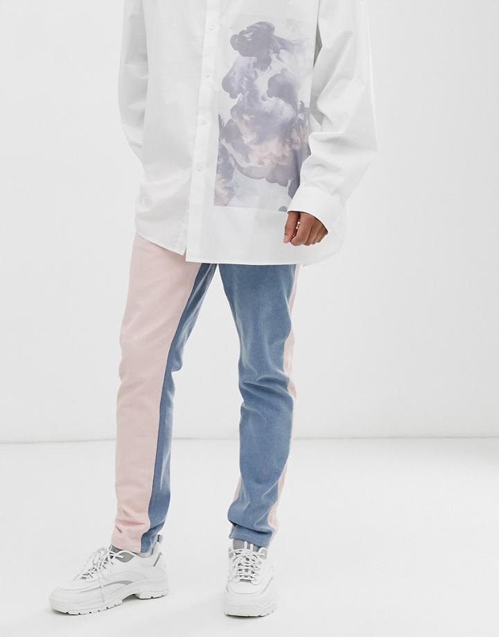 Asos Design Slim Jeans In Pink And Stone Wash Color Block-blue