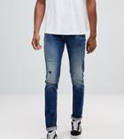 Asos Tall Skinny Jeans In Dark Wash Blue With Abrasions - Blue