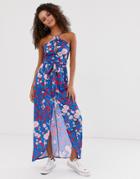 Parisian Floral Halterneck Maxi Dress With Keyhole Detail And Tie Waist-blue