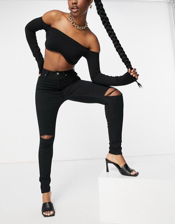 Na-kd Cotton Highwaist Skinny Ripped Jean In Black - Black