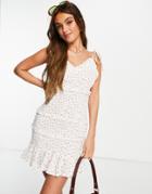 Asos Design Shirred Mini Sundress In White Based Spot Print-multi