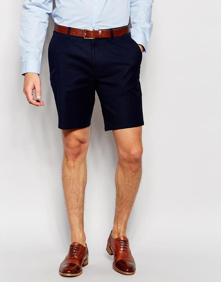 Asos Slim Smart Shorts In Washed Cotton - Navy