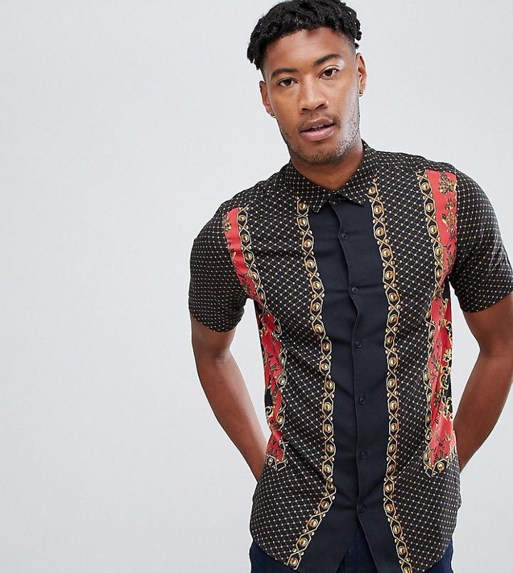 Asos Design Tall Regular Fit Baroque Placement Print Shirt In Black - Black