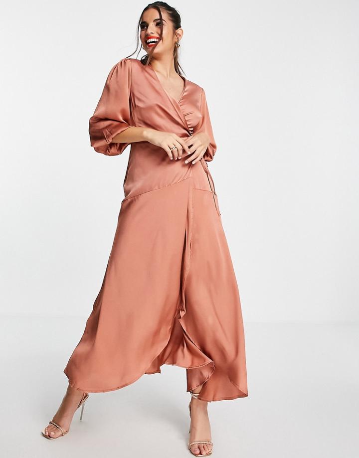 Liquorish Midi Wrap Dress With Balloon Sleeves In Light Brown