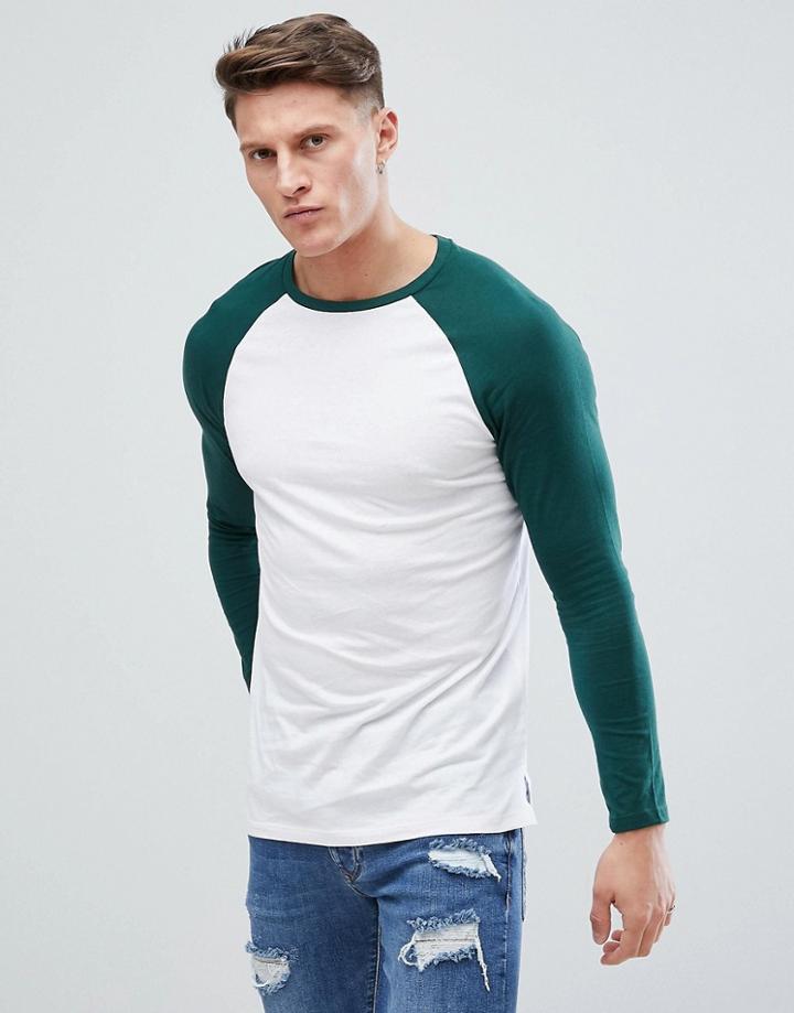 Bershka Raglan Baseball Long Sleeves T-shirt In Green - White