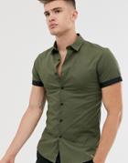 Asos Design Skinny Fit Khaki Poplin Shirt With Contrast Turn Up-green