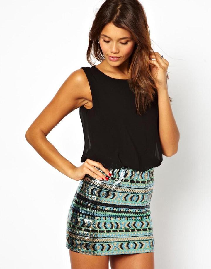 Tfnc Dress With Blouson Top And Sequin Skirt