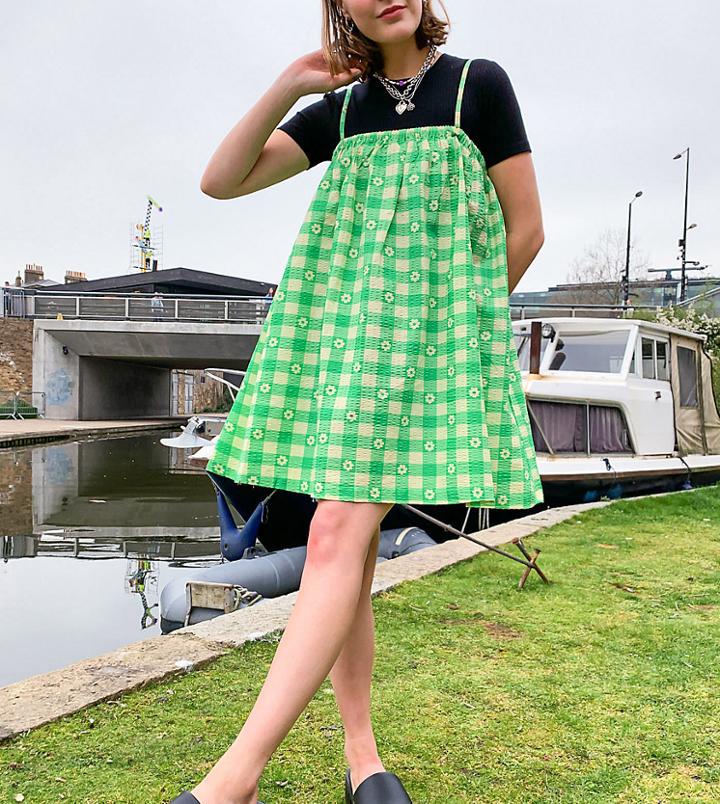 Collusion Gingham Print Seersucker Trapeze Mini Sundress In Green