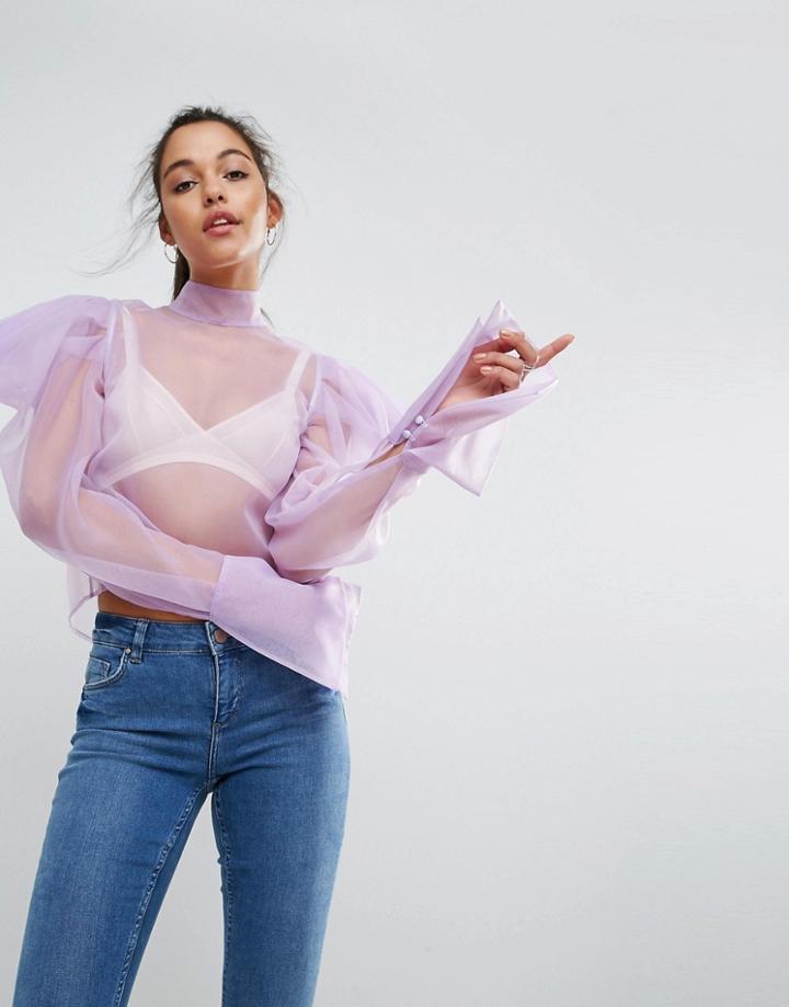Asos Premium Organza Blouse With Power Shoulder - Purple