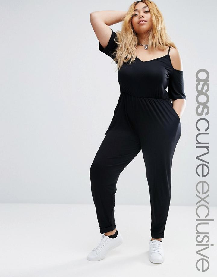 Asos Curve Jersey Jumpsuit With Cold Shoulder - Black