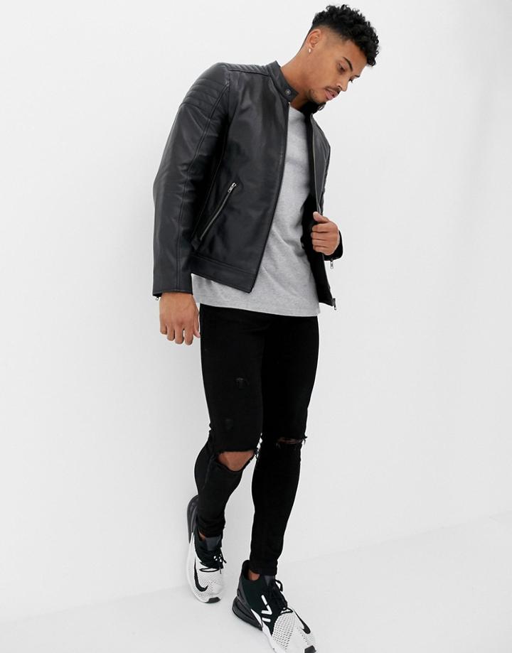 Asos Design Leather Racing Biker Jacket In Black