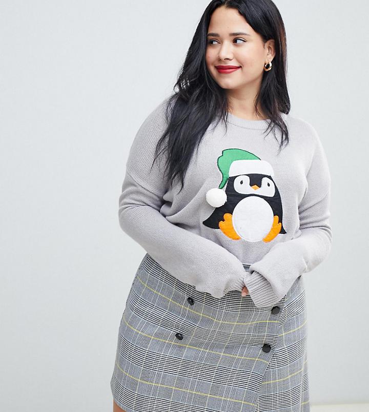 Brave Soul Plus Penguin Christmas Sweater - Gray