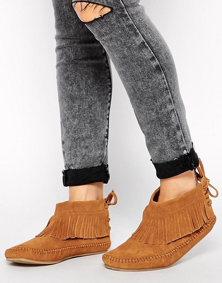 Asos Amongst Us Fringe Suede Booties - Tan