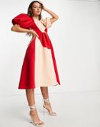 Asos Design Puff Sleeve Twist Plunge Cut Out Prom Midi Dress In Contrast Color-multi